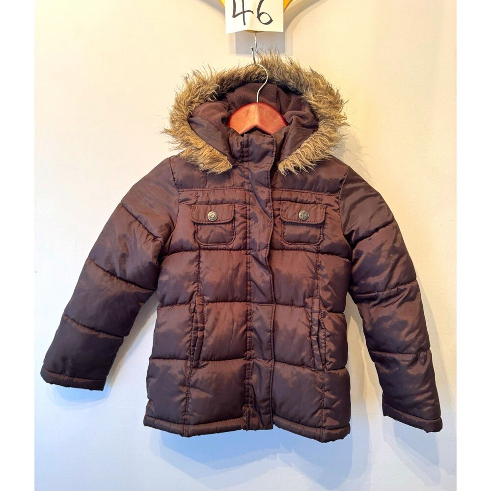 Old Navy Girls S Hooded Puffer Jacket Full Zip Pockets Fur Trim Brown 775115